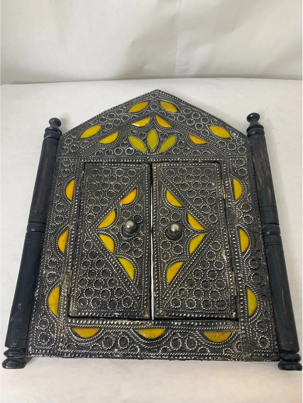Vintage Moroccan handmade Wall Mirror with Yellow Inlay and Ornate Metal Frame